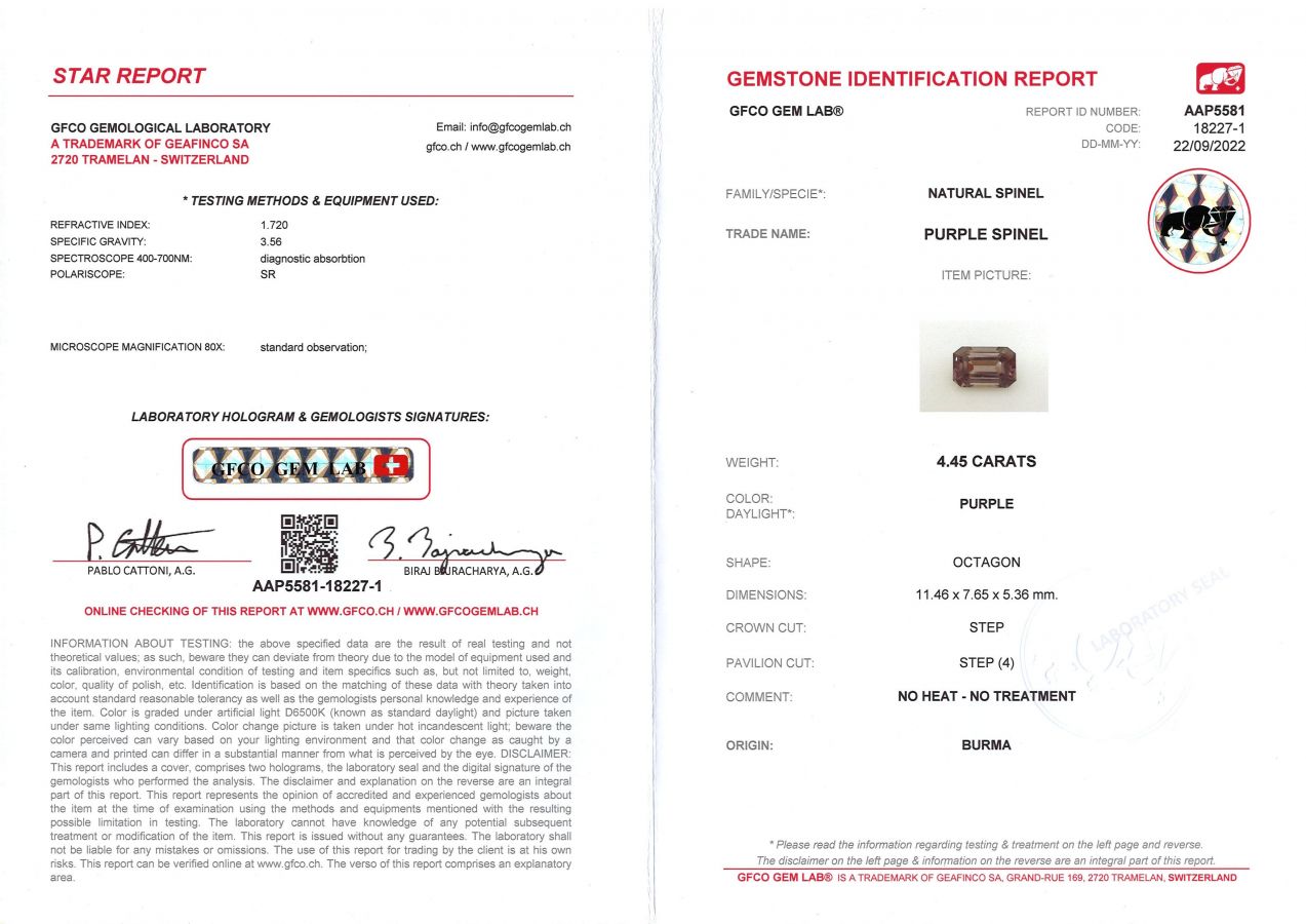 Сертификат Пурпурно-серая шпинель в огранке октагон 4,45 карат, Бирма