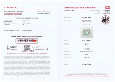Сертификат Крупный нежно-голубой аквамарин в огранке октагон 28,85, Африка