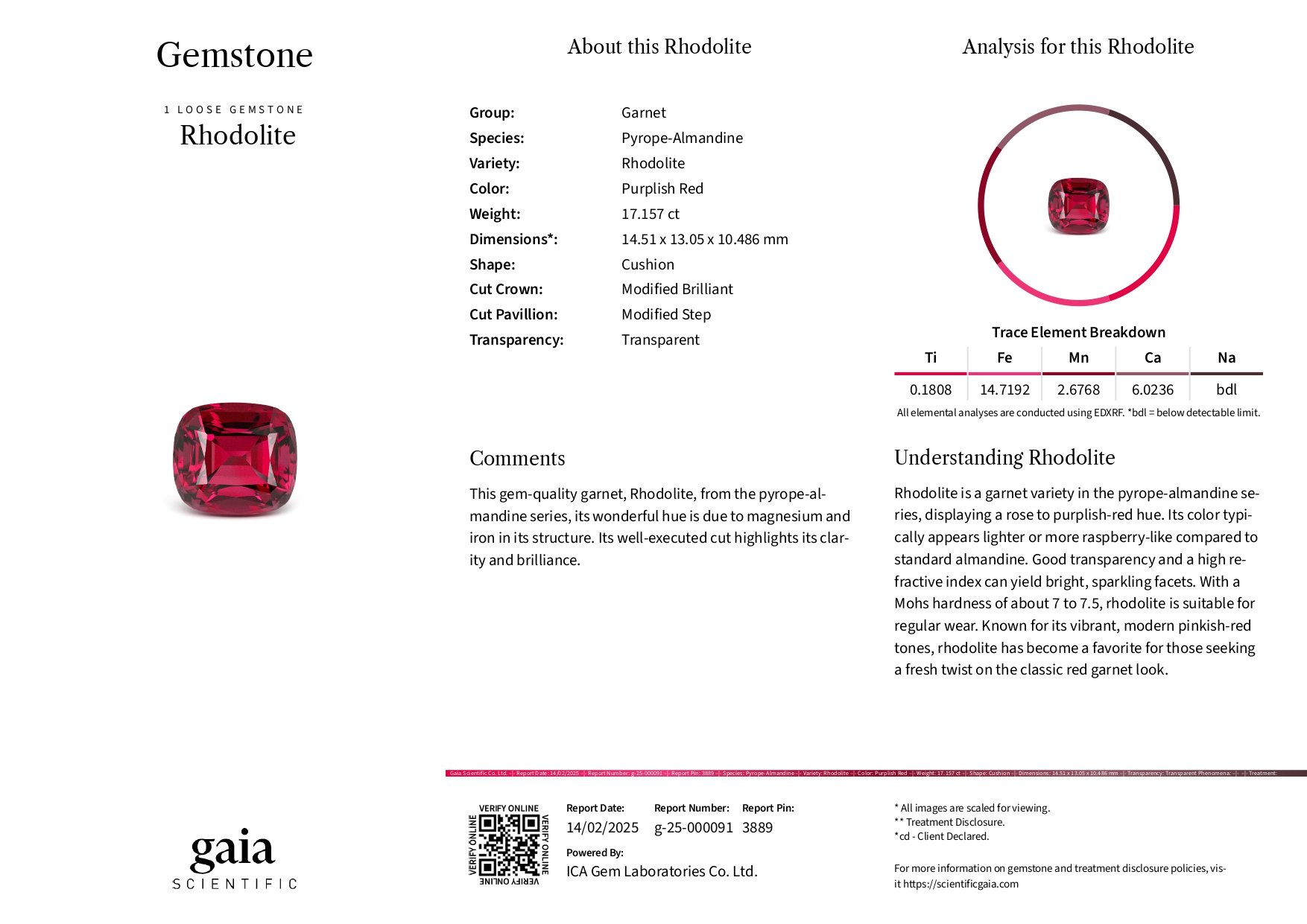 Гранат родолит в огранке кушон 17,16 карата, Танзания Изображение №5