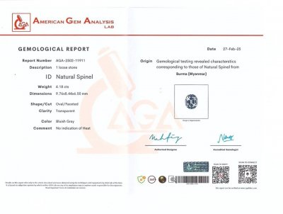 Сертификат Серая шпинель в огранке овал 4,18 карата, Бирма