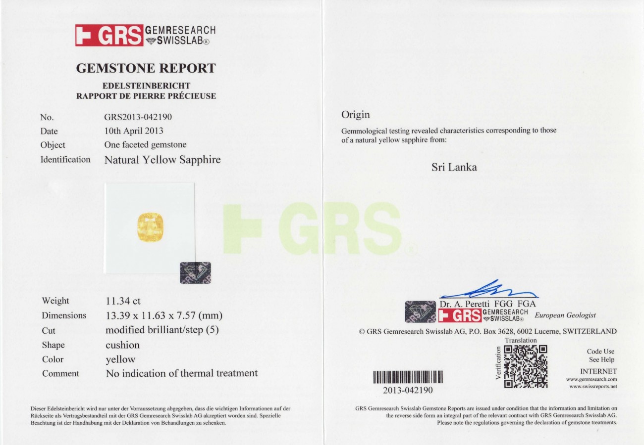 Сертификат Негретый жёлтый сапфир 11,34 карата, Шри-Ланка, GRS