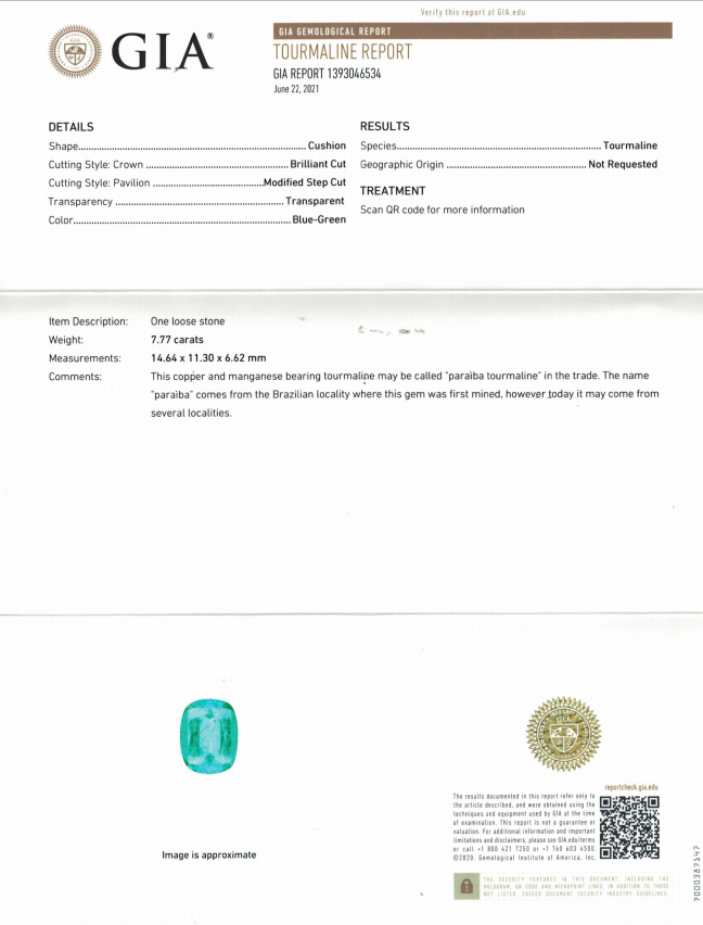 Сертификат Яркий неоново-голубой турмалин Параиба 7,77 карат, GIA