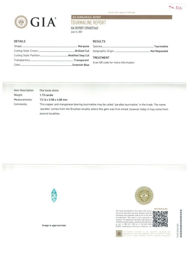 Сертификат Турмалин Параиба в редкой огранке маркиз 1,73 карат, Мозамбик, GIA