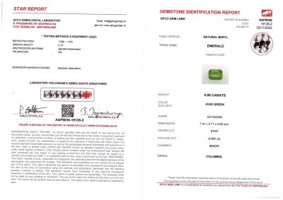 Сертификат Изумруд Vivid Green из Колумбии в огранке октагон 0,99 карат