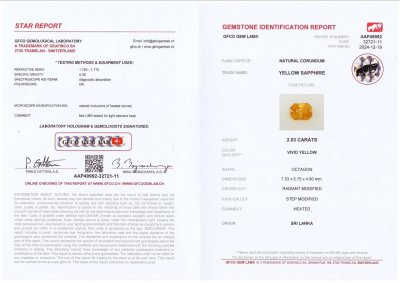 Сертификат Яркий желтый сапфир с эффектом шелка в огранке радиант 2,03 карата, Шри-Ланка