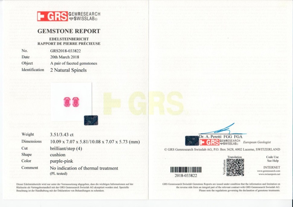 Сертификат Пара розовых шпинелей 6,94 карата, Памир, GRS