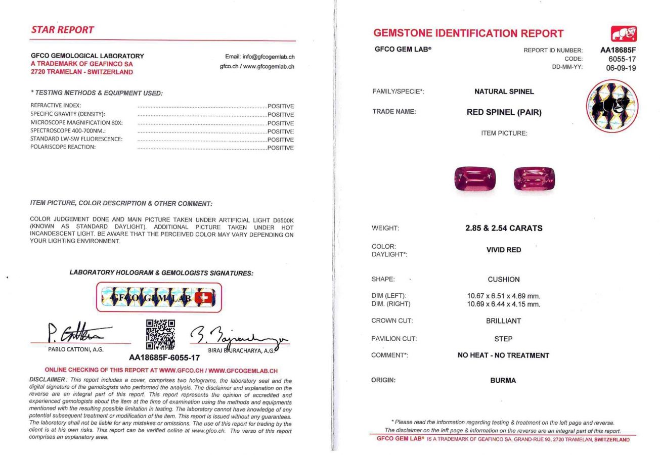Сертификат Пара бирманских красных шпинелей 5,39 карат, GFCO