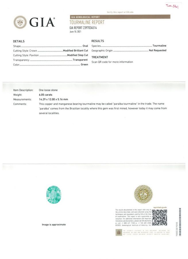 Сертификат Турмалин Параиба в огранке овал 6,05 карата, Мозамбик, GIA