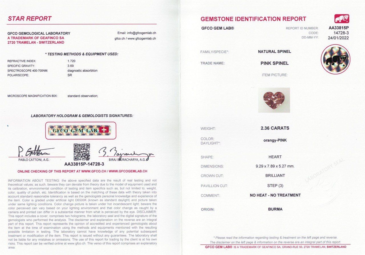 Сертификат Розовая шпинель с оранжевым оттенком в огранке сердце 2,36 карата, Бирма