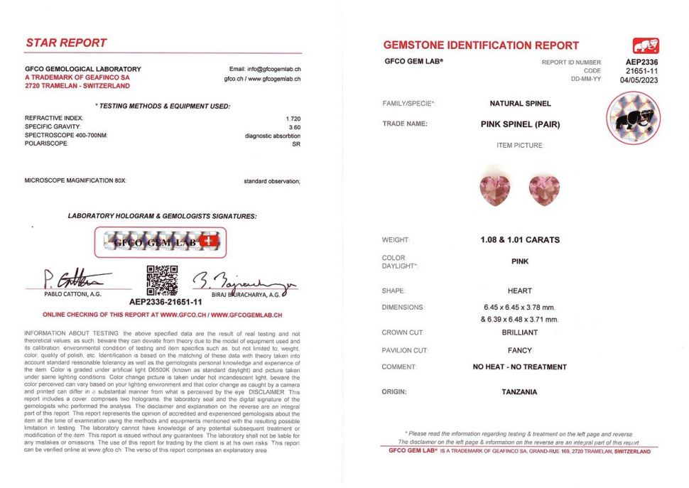 Сертификат Пара розовых шпинелей в огранке сердце 2,09 карат, Танзания