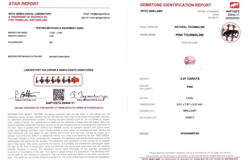 Сертификат Розовый турмалин в огранке овал 2,47 карата, Афганистан