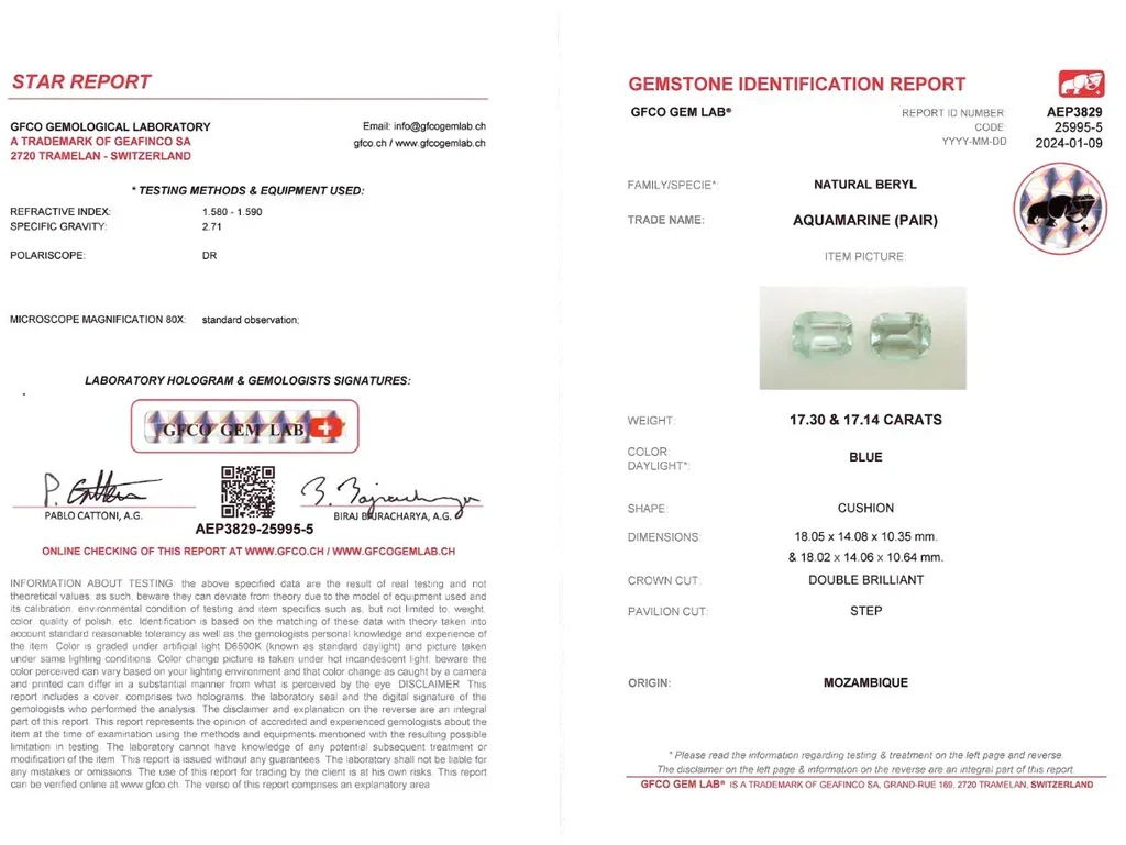 Пара крупных аквамаринов в огранке кушон 34,45 карат, Мозамбик Изображение №4