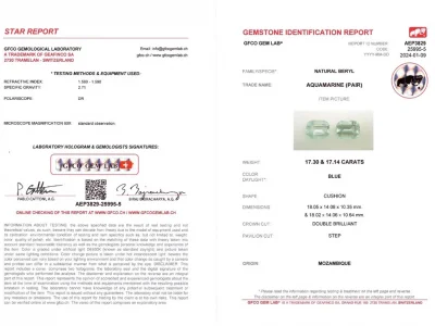 Сертификат Пара крупных аквамаринов в огранке кушон 34,45 карат, Мозамбик