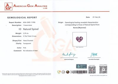 Сертификат Розовая шпинель в огранке сердце 2,39 карата, Бирма