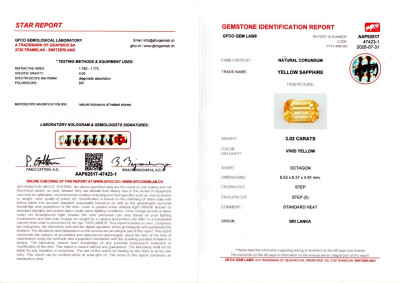 Сертификат Сапфир Vivid Yellow в огранке октагон 3,02 карата, Шри-Ланка