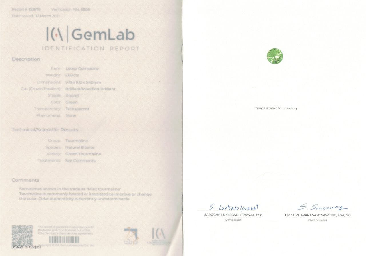 Сертификат Мятный Турмалин  2,60 карата, Афганистан, ICA