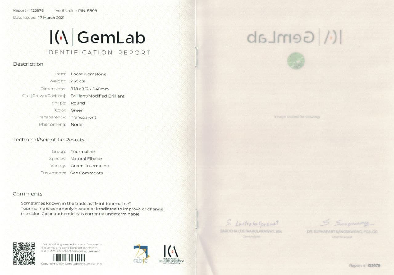 Сертификат Мятный Турмалин  2,60 карата, Афганистан, ICA