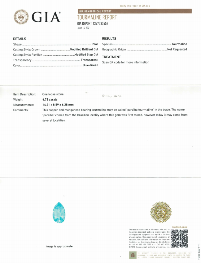 Сертификат Неоновый турмалин Параиба 4,73 карата, GIA