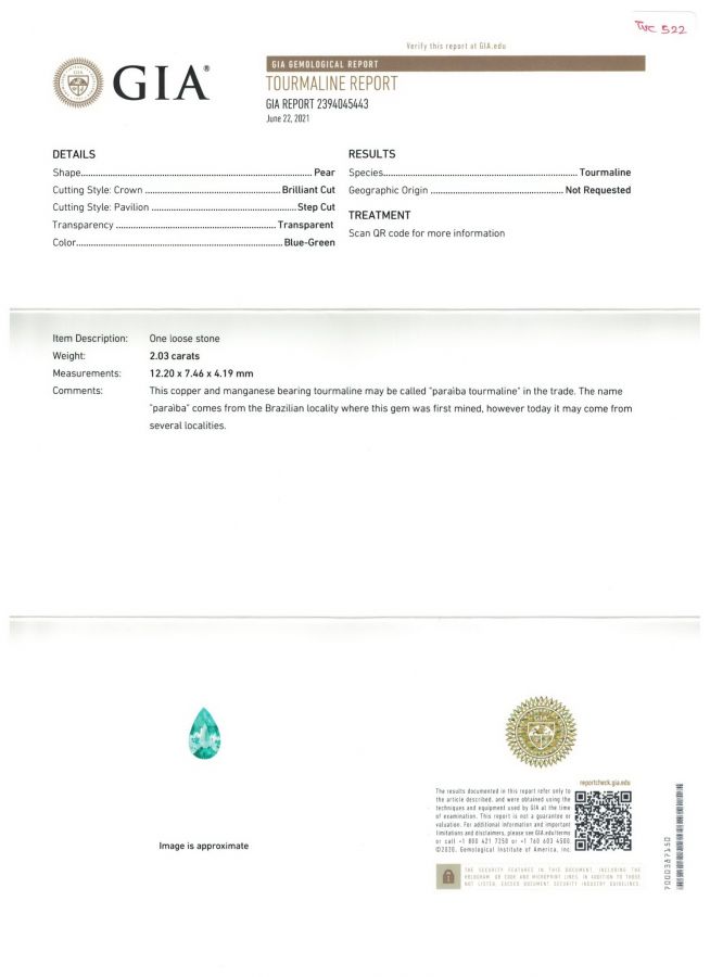 Сертификат Нежно-голубая Параиба в огранке груша 2,03 карата, Мозамбик, GIA
