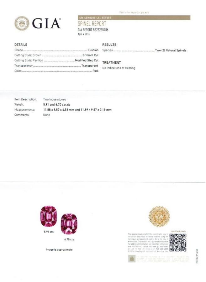 Сертификат Пара крупных розовых шпинелей в огранке кушон 12,61 карат, Таджикистан, GIA