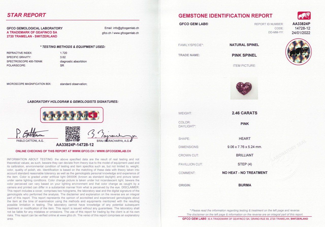 Сертификат Насыщенная пурпурная шпинель в огранке сердце 2,46 карата, Бирма