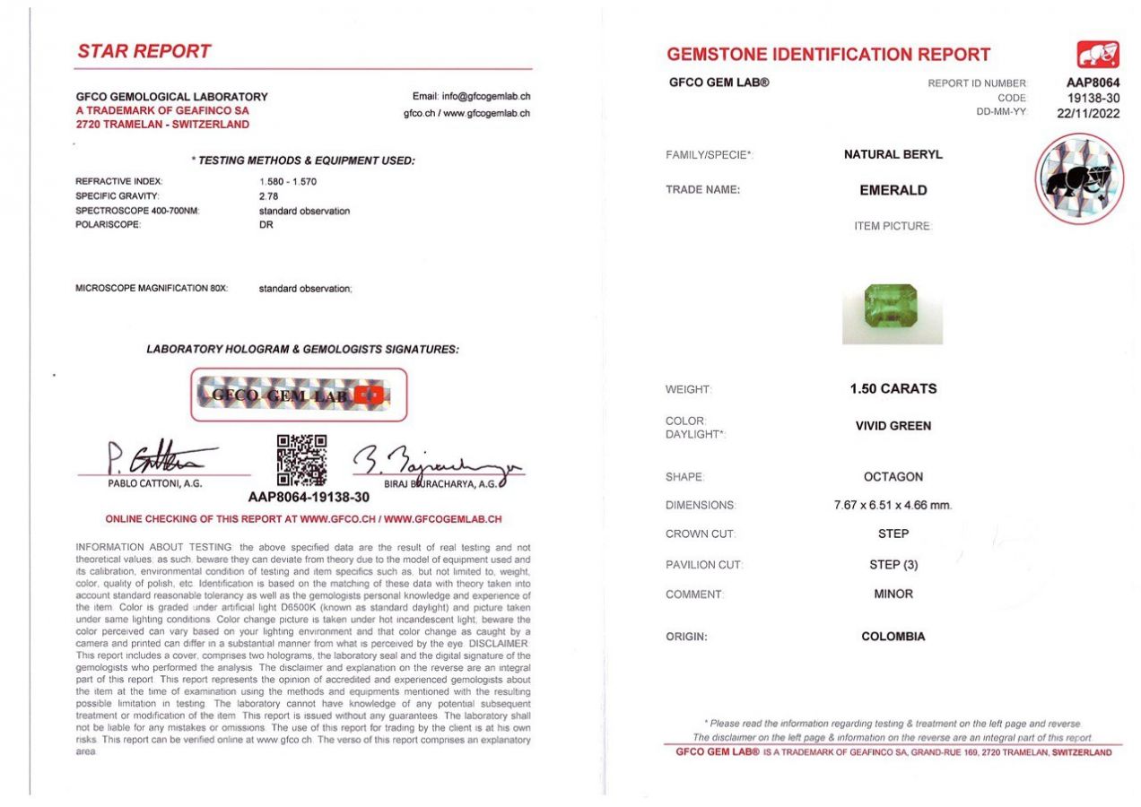 Сертификат Яркий голубовато-зеленый колумбийский изумруд 1,50 карат