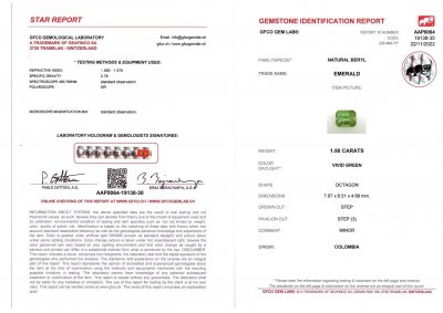 Сертификат Изумруд цвета Vivid Green 1,50 карат, Колумбия