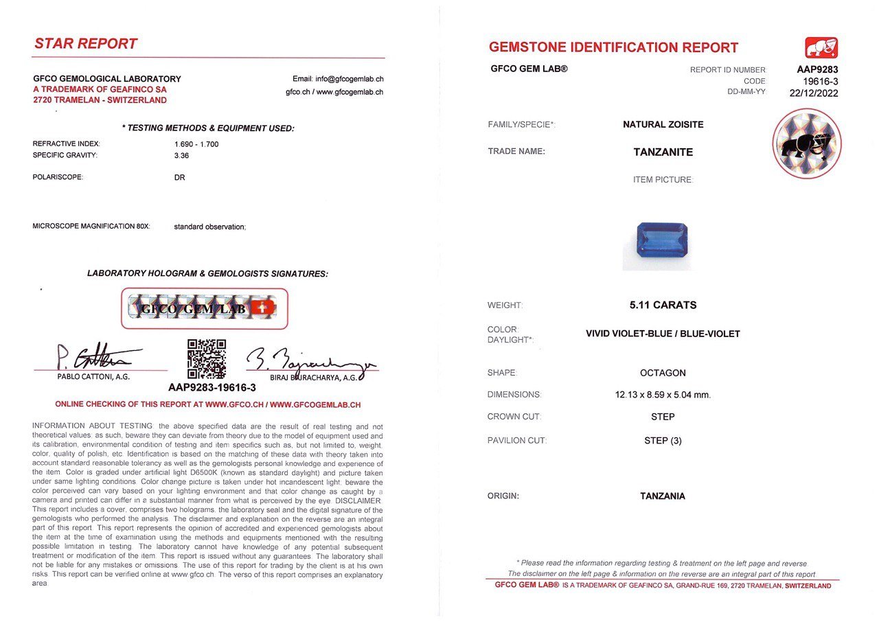 Танзанит в огранке октагон 5,11 карат Изображение №5