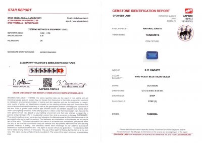 Сертификат Танзанит в огранке октагон 5,11 карат