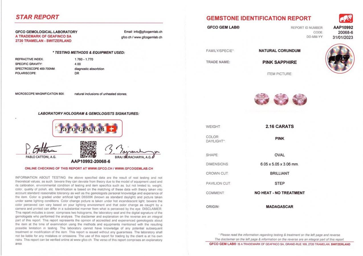 Сертификат Комплект негретых розовых сапфиров в огранке овал 2,16 карата