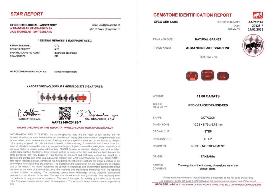 Сертификат Комплект танзанийских оранжево-красных гранатов 11,00 карат