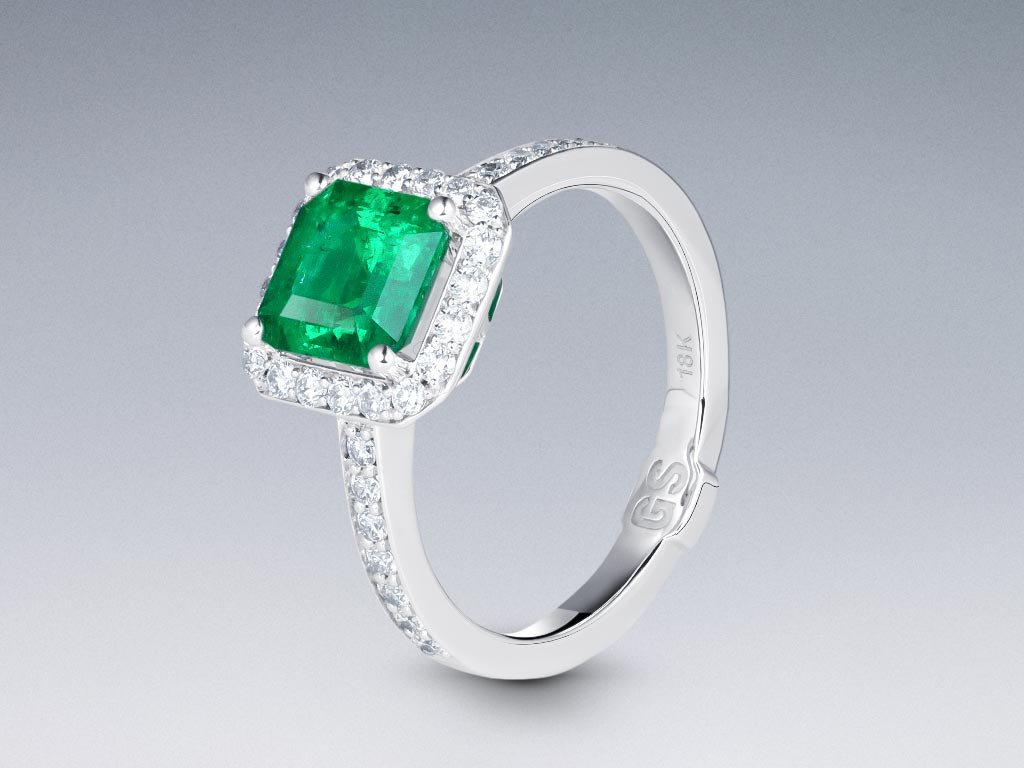 Кольцо с колумбийским изумрудом цвета Muzo Green 1,45 карат и бриллиантами в белом золоте 750 пробы Изображение №4