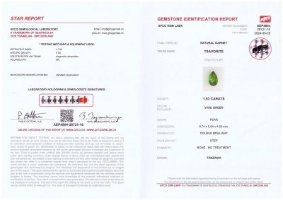 Сертификат Пара из розовой шпинели Махенге и ярко-зеленого цаворита в огранке груша 3,08 карата