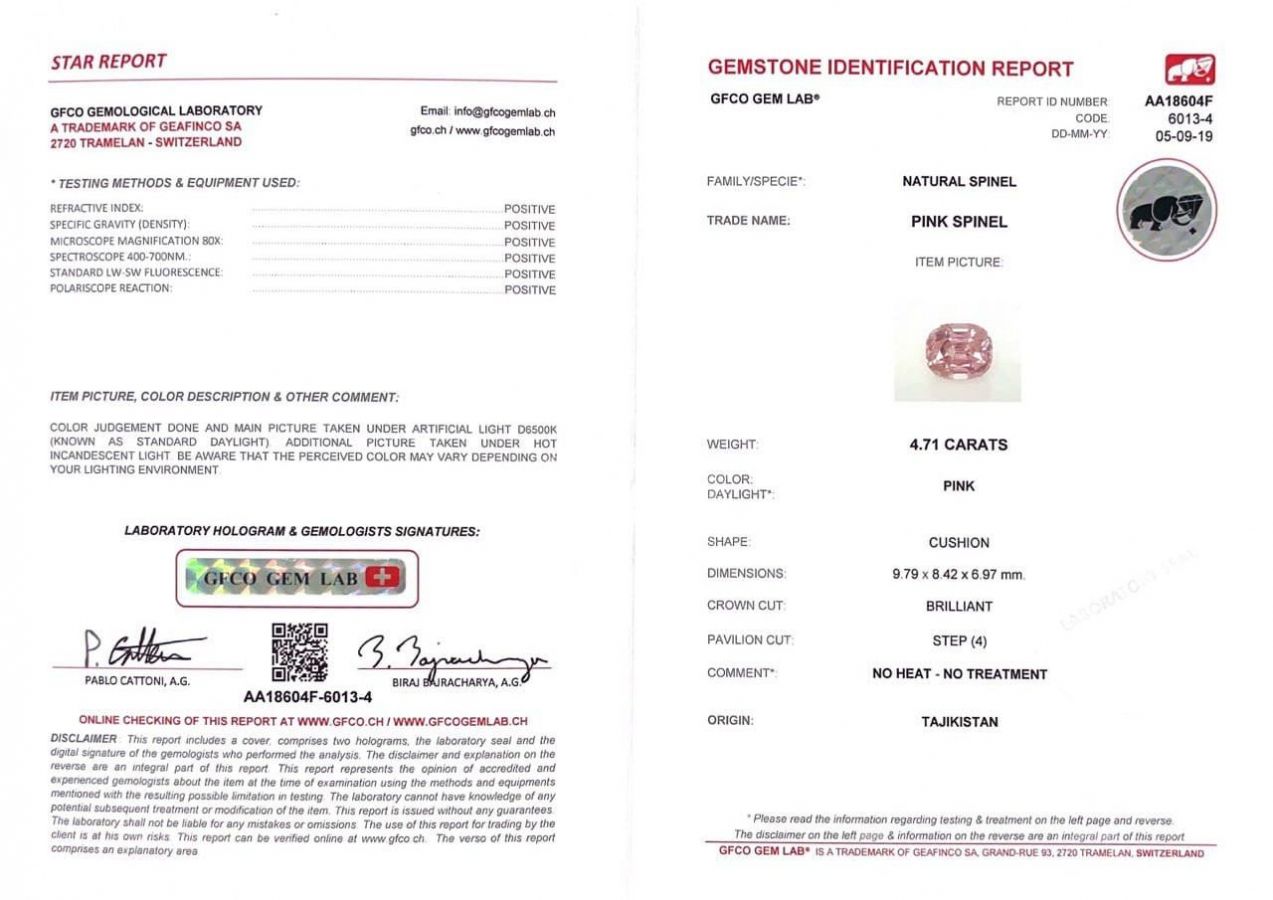 Сертификат Памирская розовая шпинель 4,71 карат