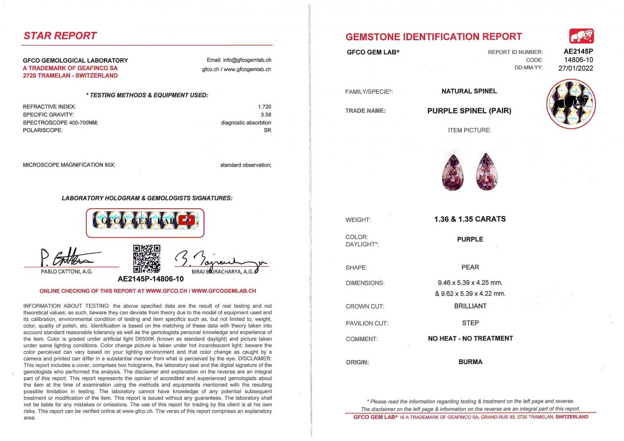 Сертификат Пара лилово-серых шпинелей в огранке груша 2,71 карата, Бирма