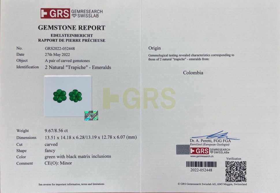 Сертификат Пара насыщенных изумрудов трапиче 18,23 карата, GRS