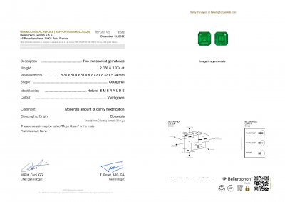 Сертификат Пара колумбийских изумрудов цвета Muzo Green 4,45 карат