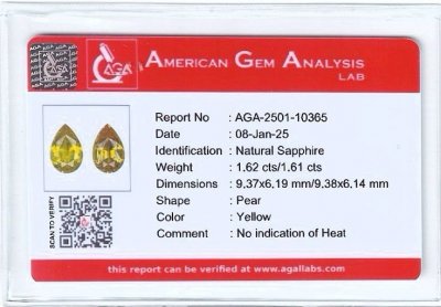 Сертификат Пара негретых желтых сапфиров в огранке груша 3,23 карата, Мадагаскар