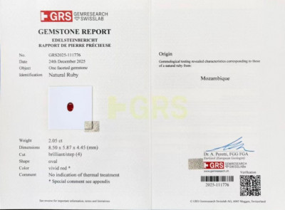 Сертификат Негретый рубин Pigeon blood в огранке овал 2,05 карат, Мозамбик. GRS