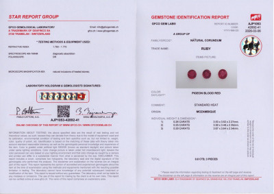 Сертификат Сет рубинов Pegeon Blood Red в огранке круг 0,80 карат, Мозамбик