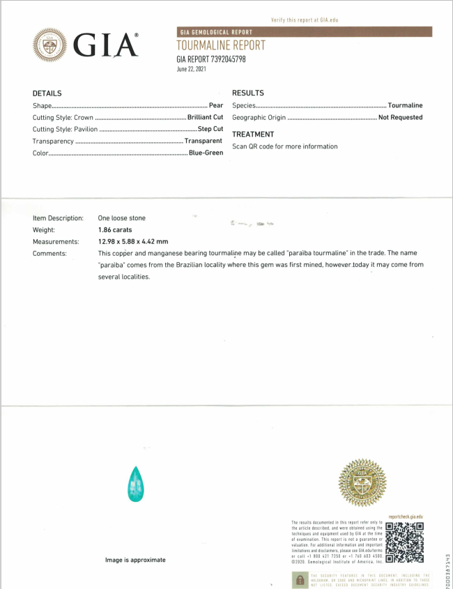 Сертификат Неоново-голубой турмалин Параиба в огранке груша 1,86 карат