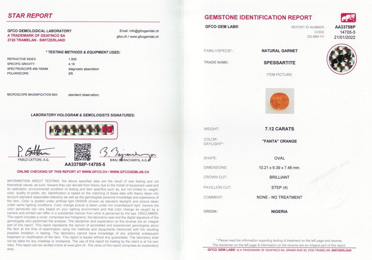 Сертификат Спессартин цвета fanta из Нигерии в огранке овал 7,12 карат, Нигерия