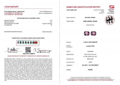 Сертификат Пара пурпурно-розовых шпинелей в огранке кушон 3,80 карат, Бирма