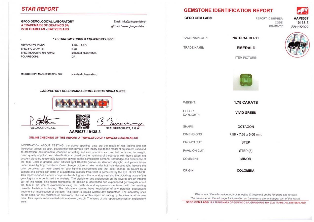 Сертификат Изумруд в огранке октагон 1,75 карат, Колумбия