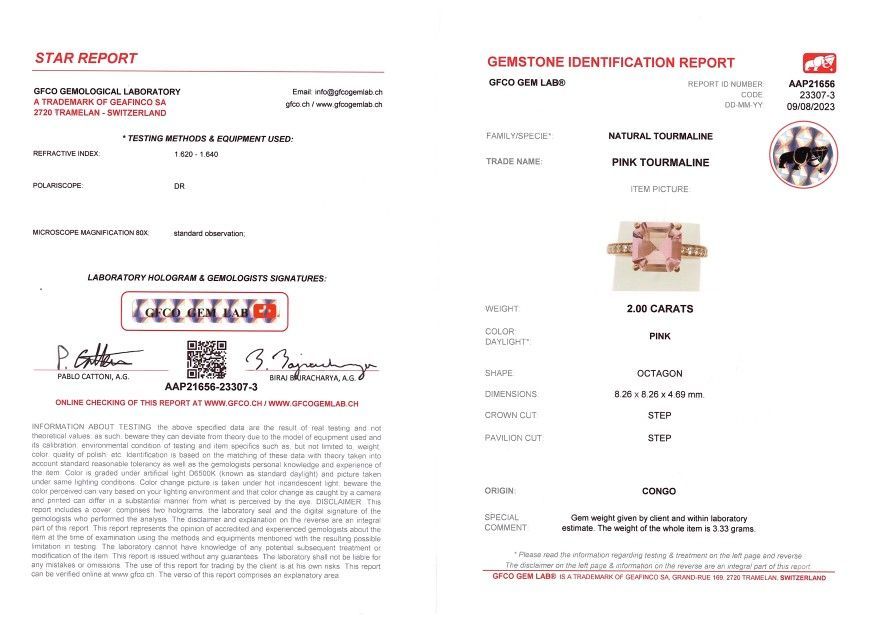Сертификат Кольцо с розовым турмалином 2,00 карата и бриллиантами в розовом золоте 750 пробы