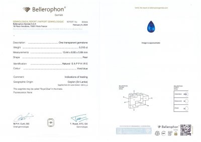 Сертификат Синий сапфир Royal Blue в огранке груша 5,31 карат, Шри-Ланка