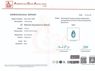 Сертификат Аквамарин в огранке груша 7,39 карата, Бразилия