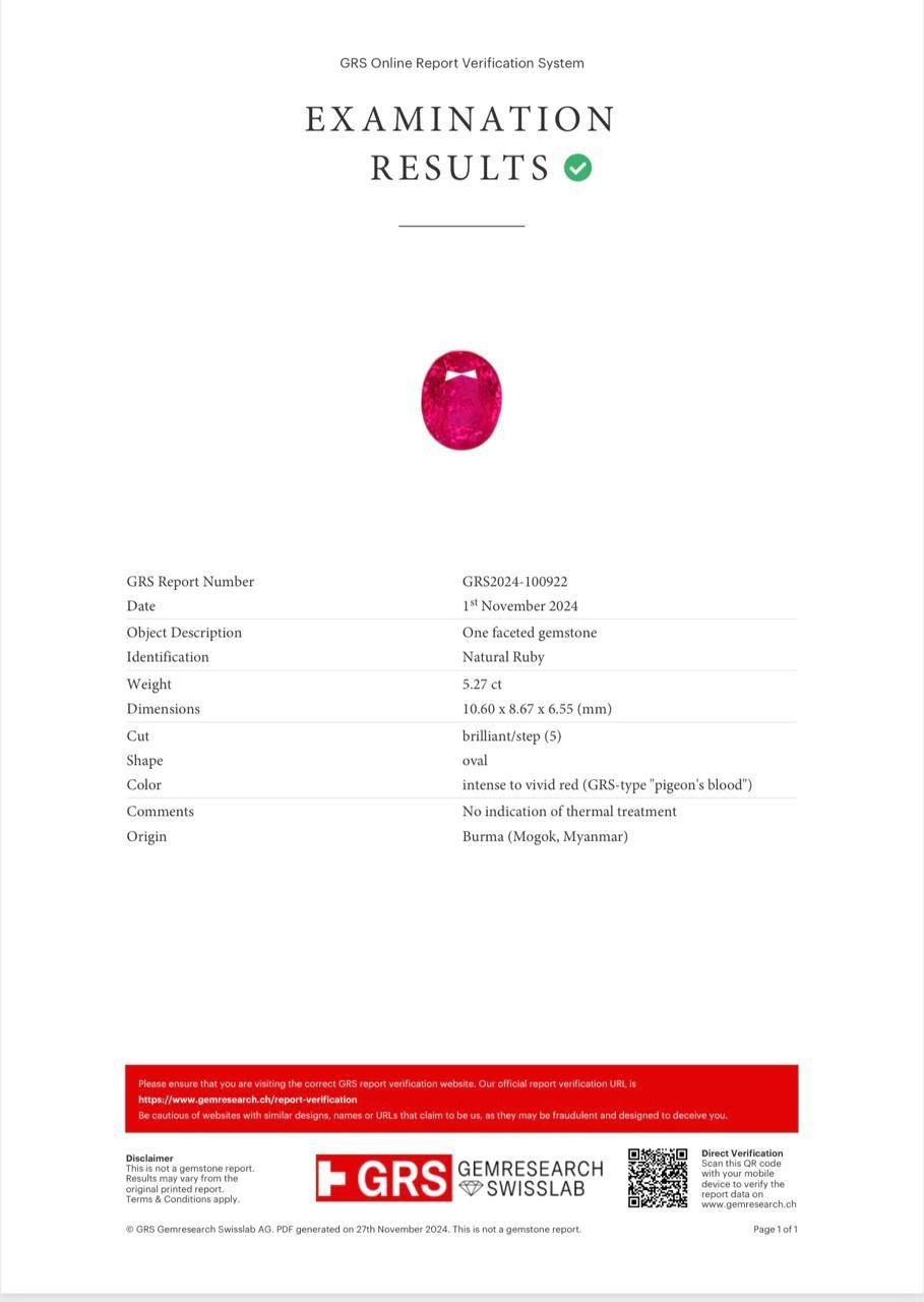Негретый рубин Pigeon blood в огранке овал 5,27 карат, Бирма (Mogok), GRS, SSEF Изображение №5