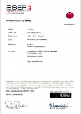 Сертификат Негретый рубин Pigeon blood в огранке овал 5,27 карат, Бирма (Mogok), GRS, SSEF