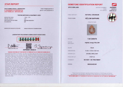 Сертификат Негретый персиковый сапфир в огранке груша 7,04 карат, Мадагаскар. Лот 12